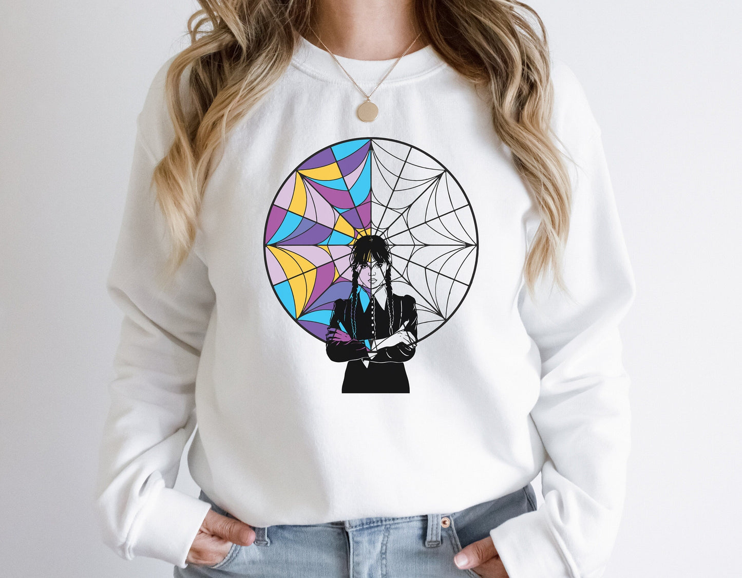 Wednesday Addams Inspired Stained Glass Coloured Window Sweatshirt or T-Shirt - Kids and Adults