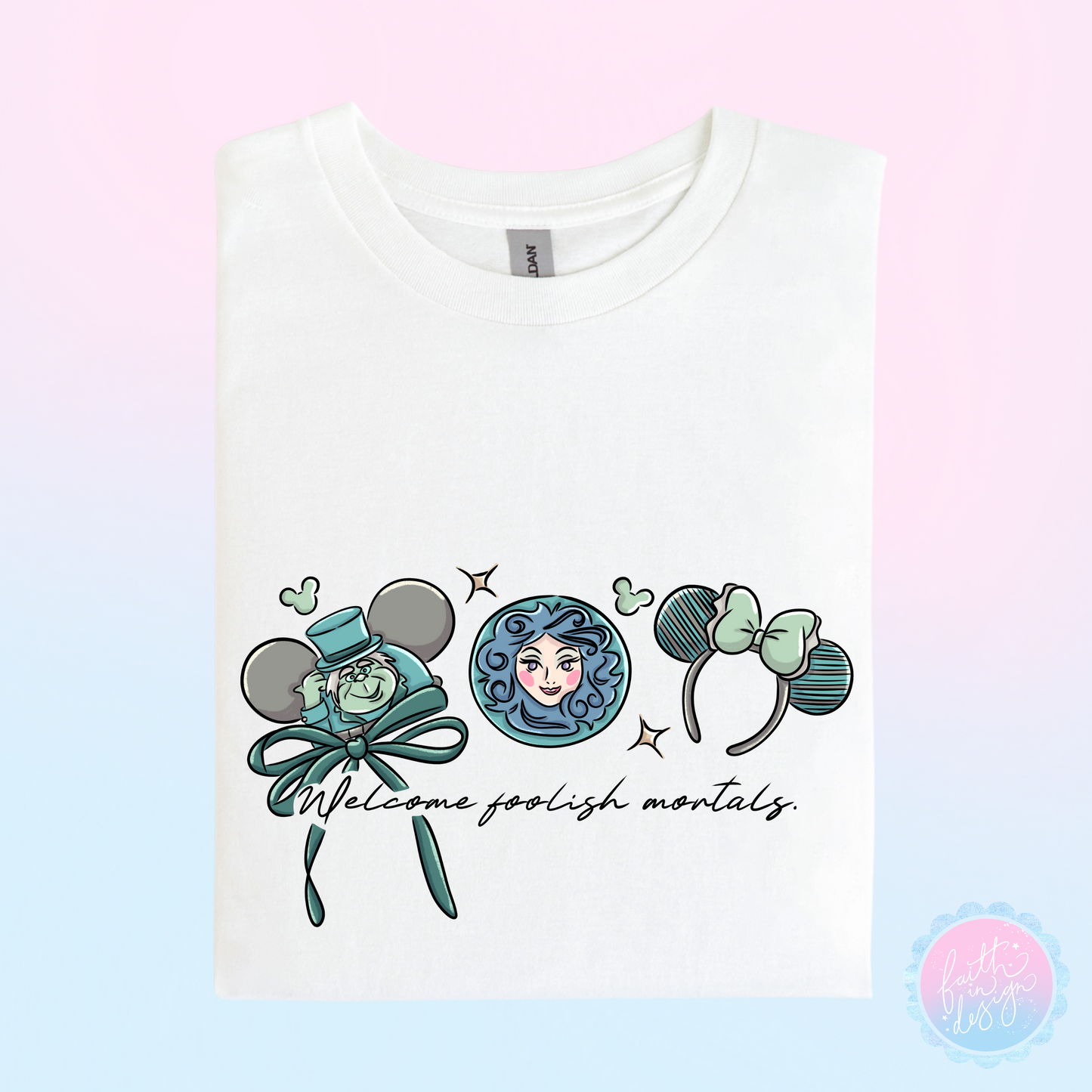 Haunted Mansion “Welcome Foolish Mortals" Character Hat Ear Design T-Shirt