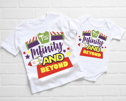 Two Infinity and Beyond Kids Birthday T-Shirt, Space Ranger Rocket T-Shirt or Long Sleeve Jumper