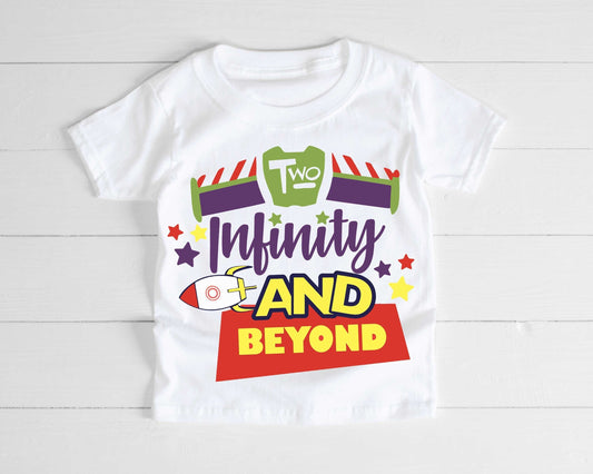 Two Infinity and Beyond Kids Birthday T-Shirt, Space Ranger Rocket T-Shirt or Long Sleeve Jumper